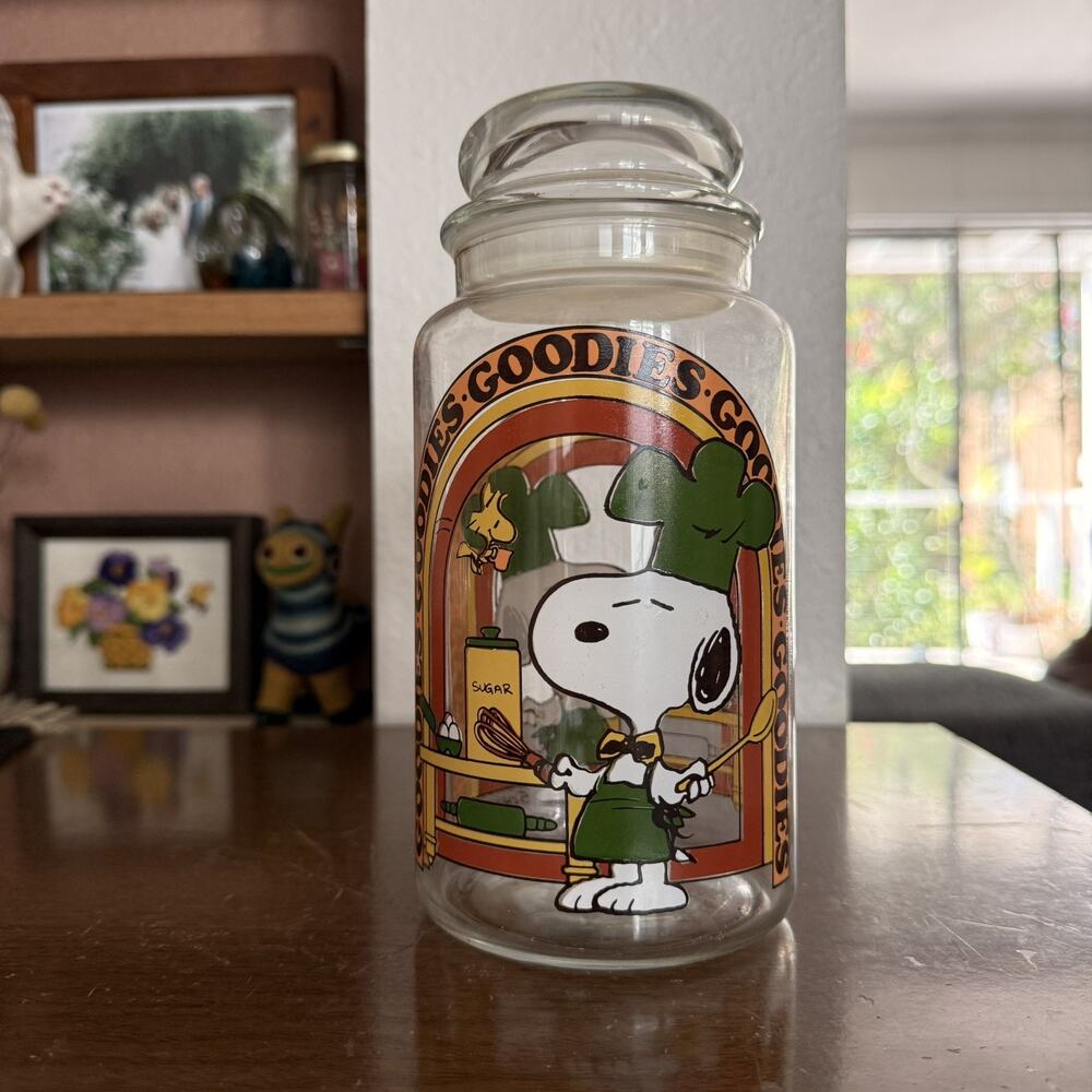 Vintage Peanuts - Snoopy & Woodstock Glass Goodies Jar - Complete With Lid